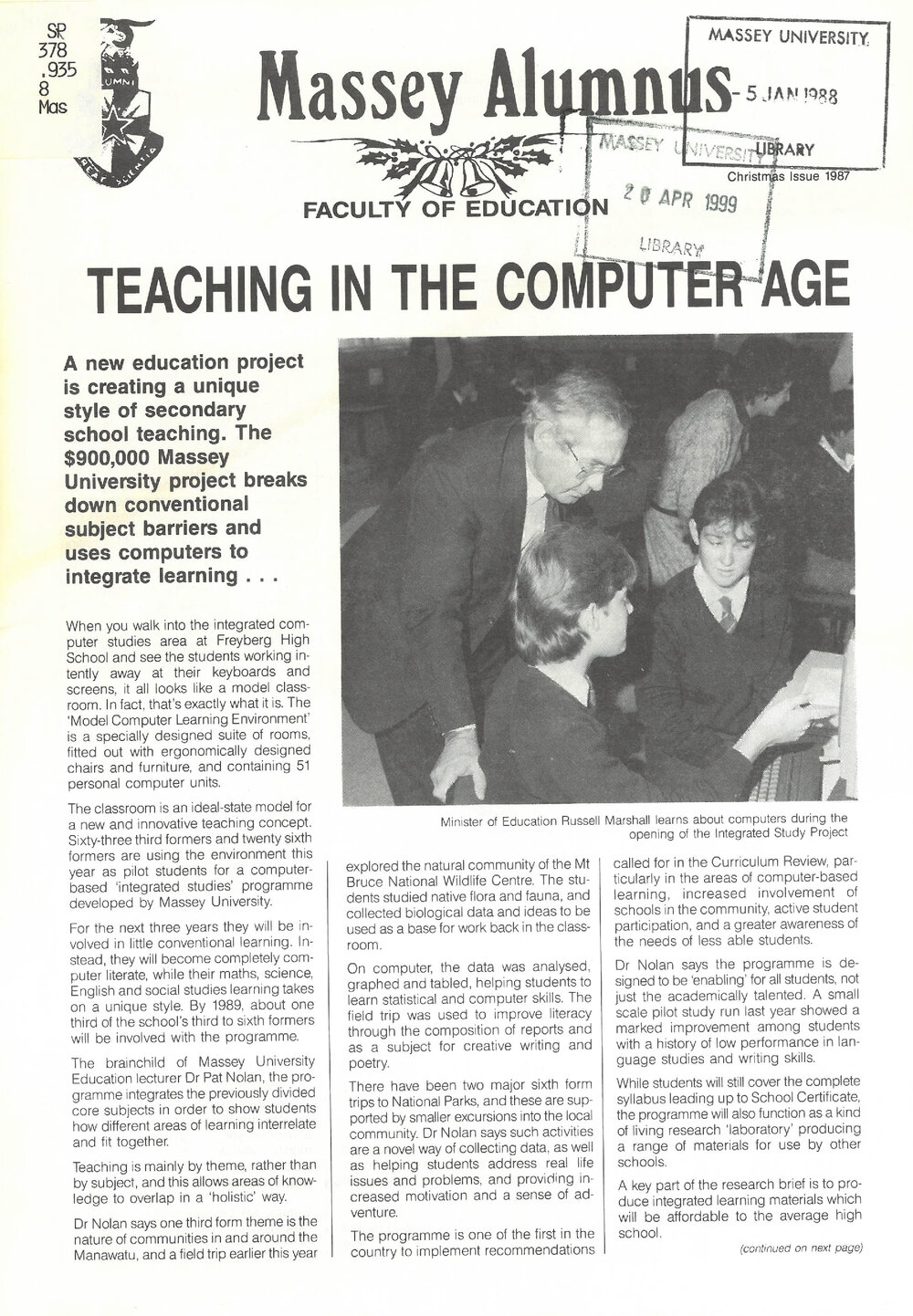 Massey Alumnus - Faculty of Education, December 1987