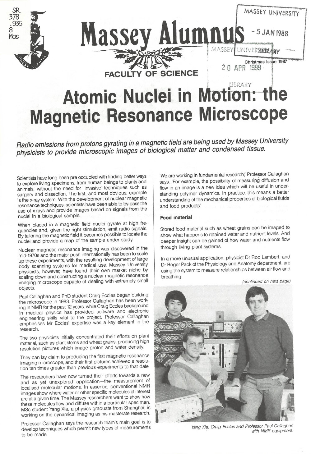 Massey Alumnus - Faculty of Science, December 1987