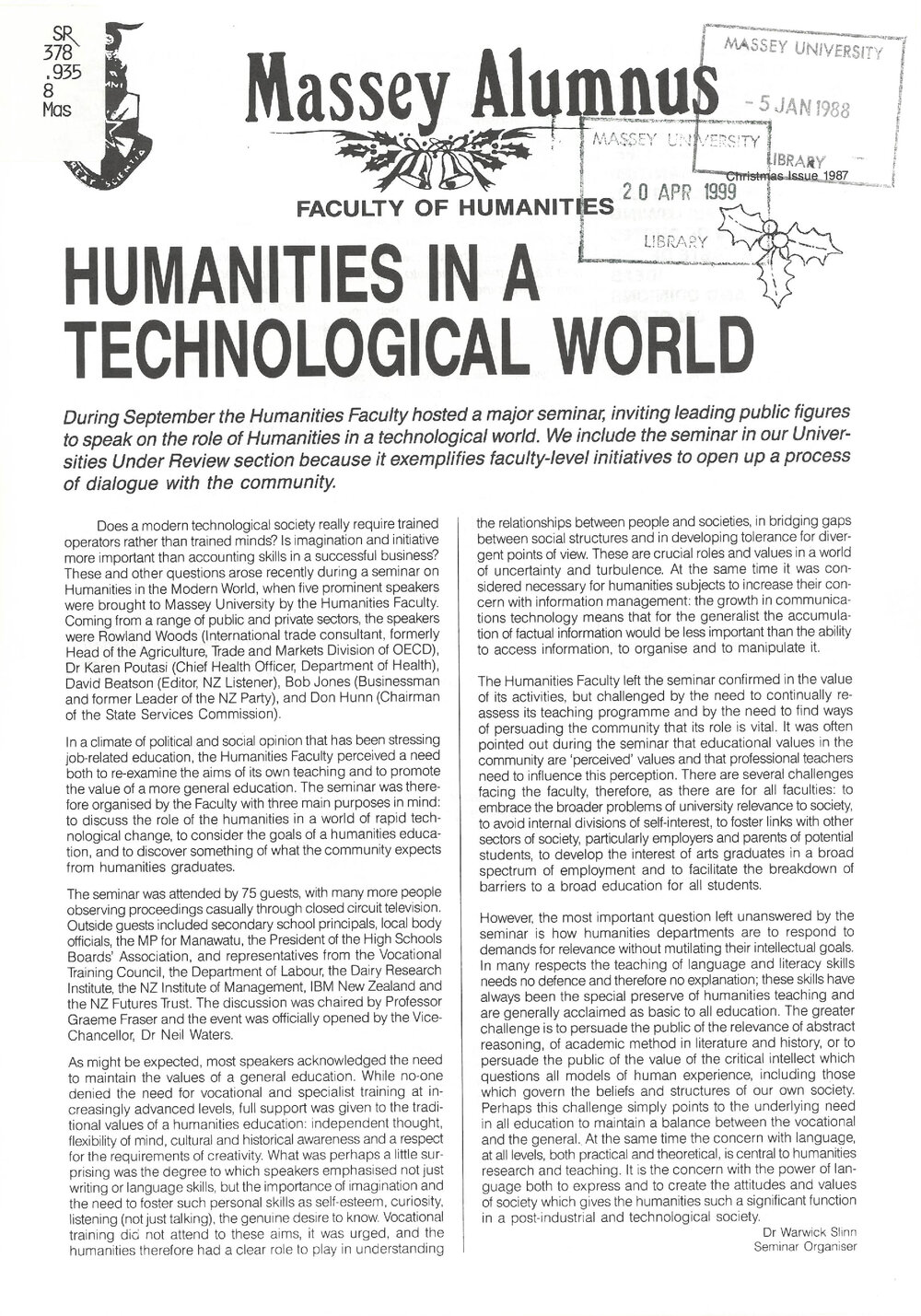 Massey Alumnus - Faculty of Humanities, December 1987