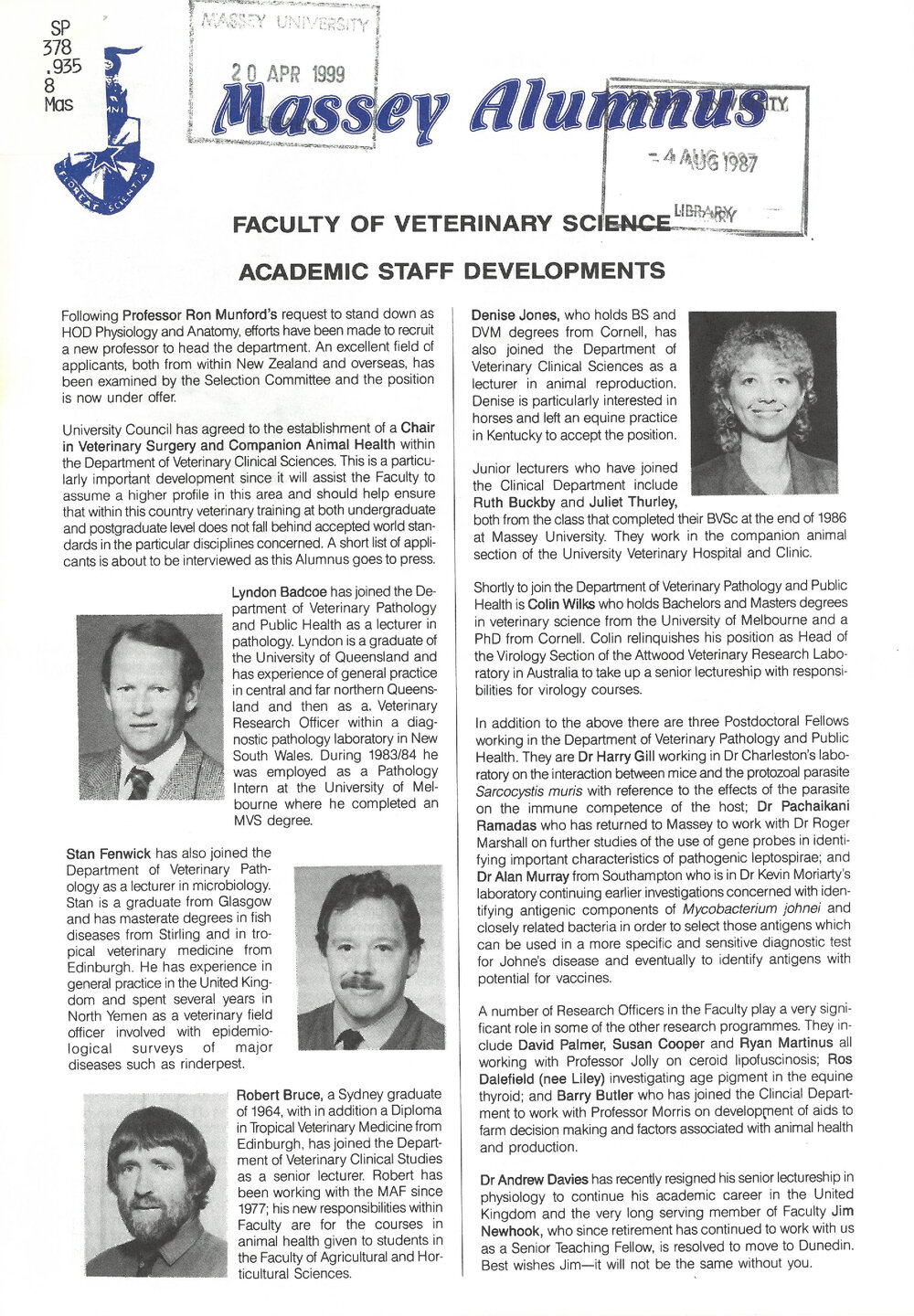 Massey Alumnus - Faculty of Veterinary Science, June 1987