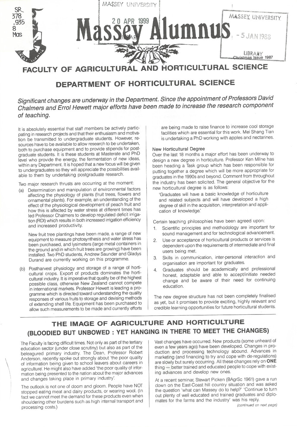 Massey Alumnus - Faculty of Agricultural and Horticultural Science, December 1987