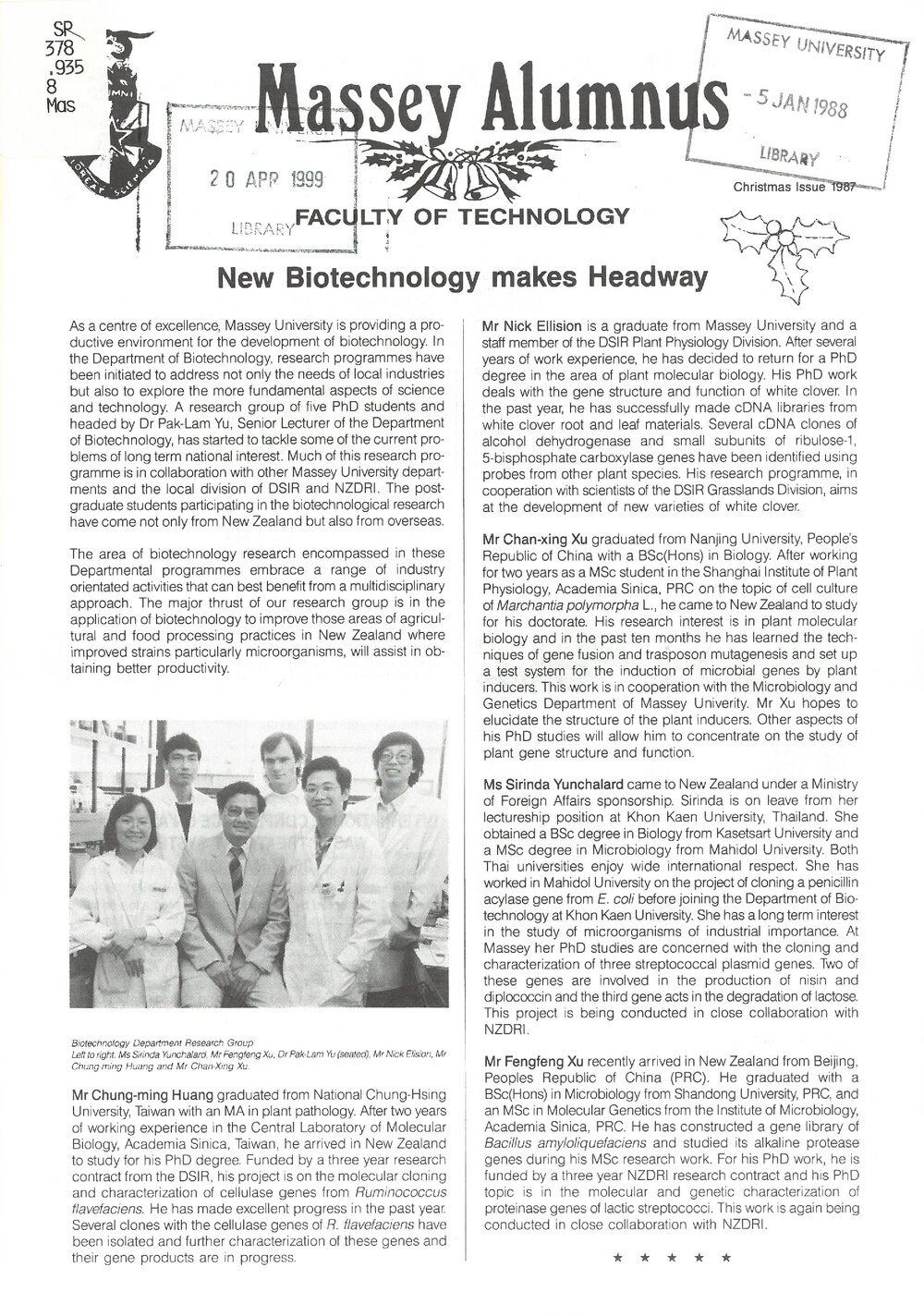 Massey Alumnus - Faculty of Technology, December 1987