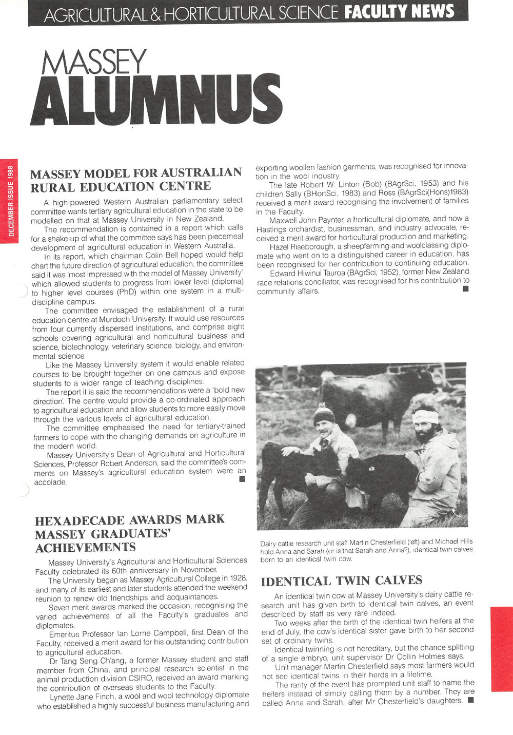 Massey Alumnus - Agricultural and Horticultural Science Faculty News, December 1988