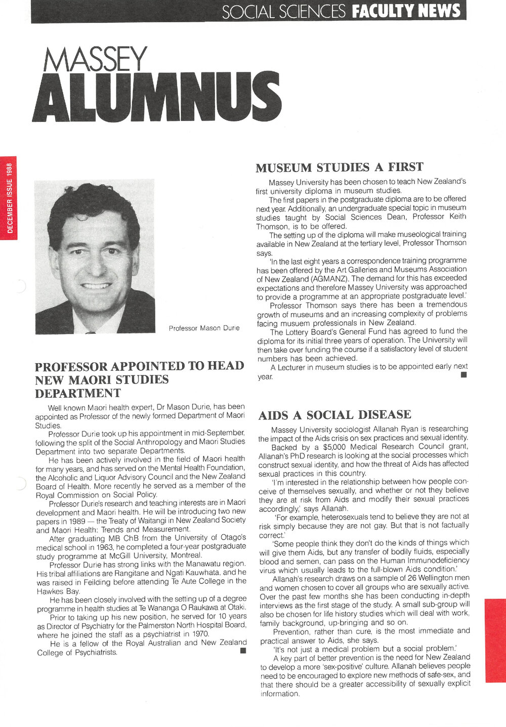 Massey Alumnus - Social Sciences Faculty News, December 1988