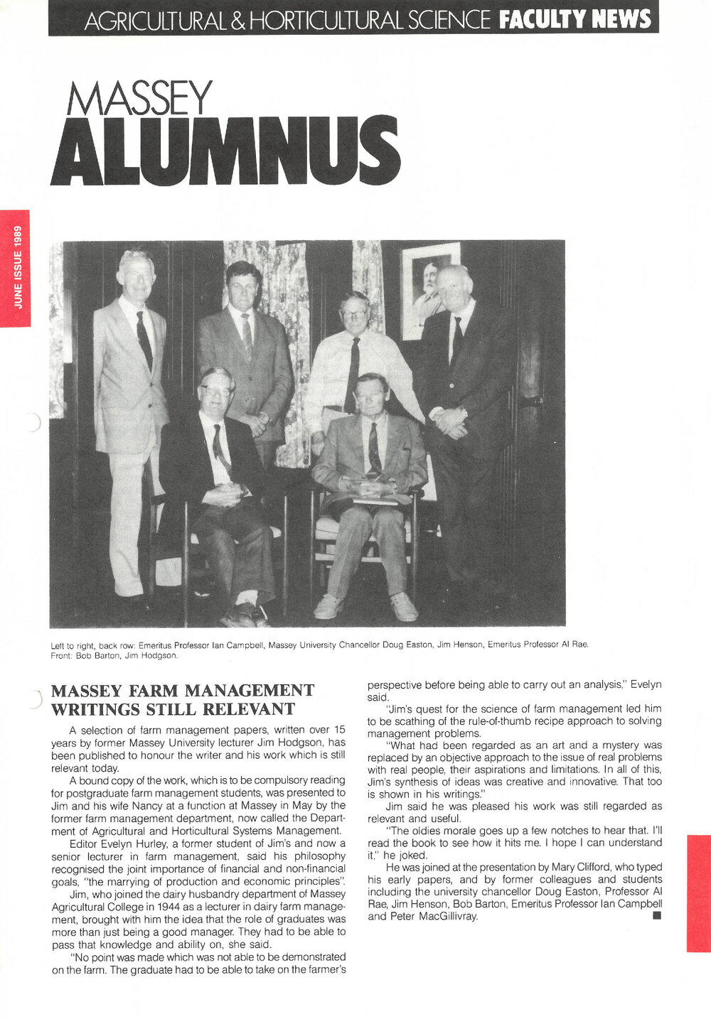 Massey Alumnus - Agricultural and Horticultural Science Faculty News, June 1989