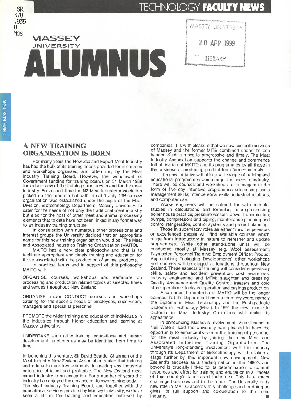 Massey Alumnus - Technology Faculty News, December 1989