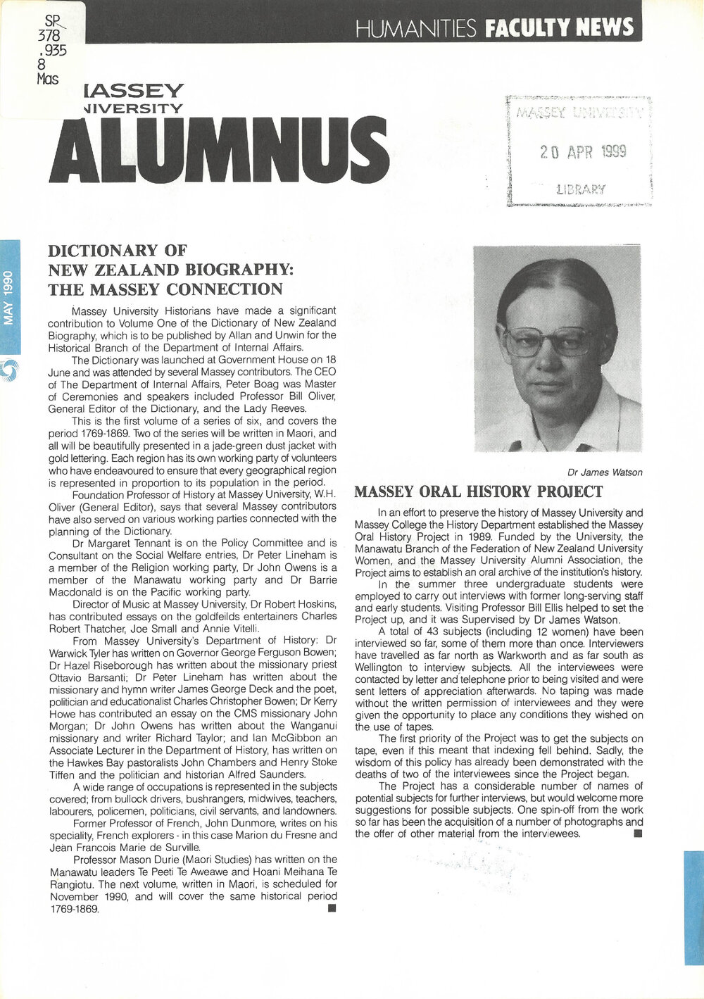 Massey Alumnus - Humanities Faculty News, May 1990
