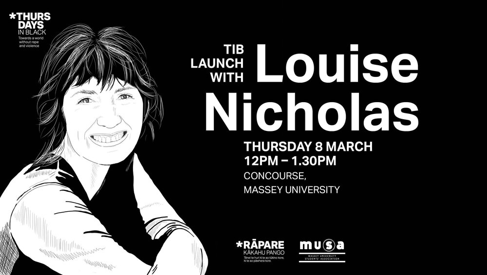 Massey University Students&rsquo; Association. Thursdays in Black launch with Louise Nicholas Facebook banner, 8 March 2018