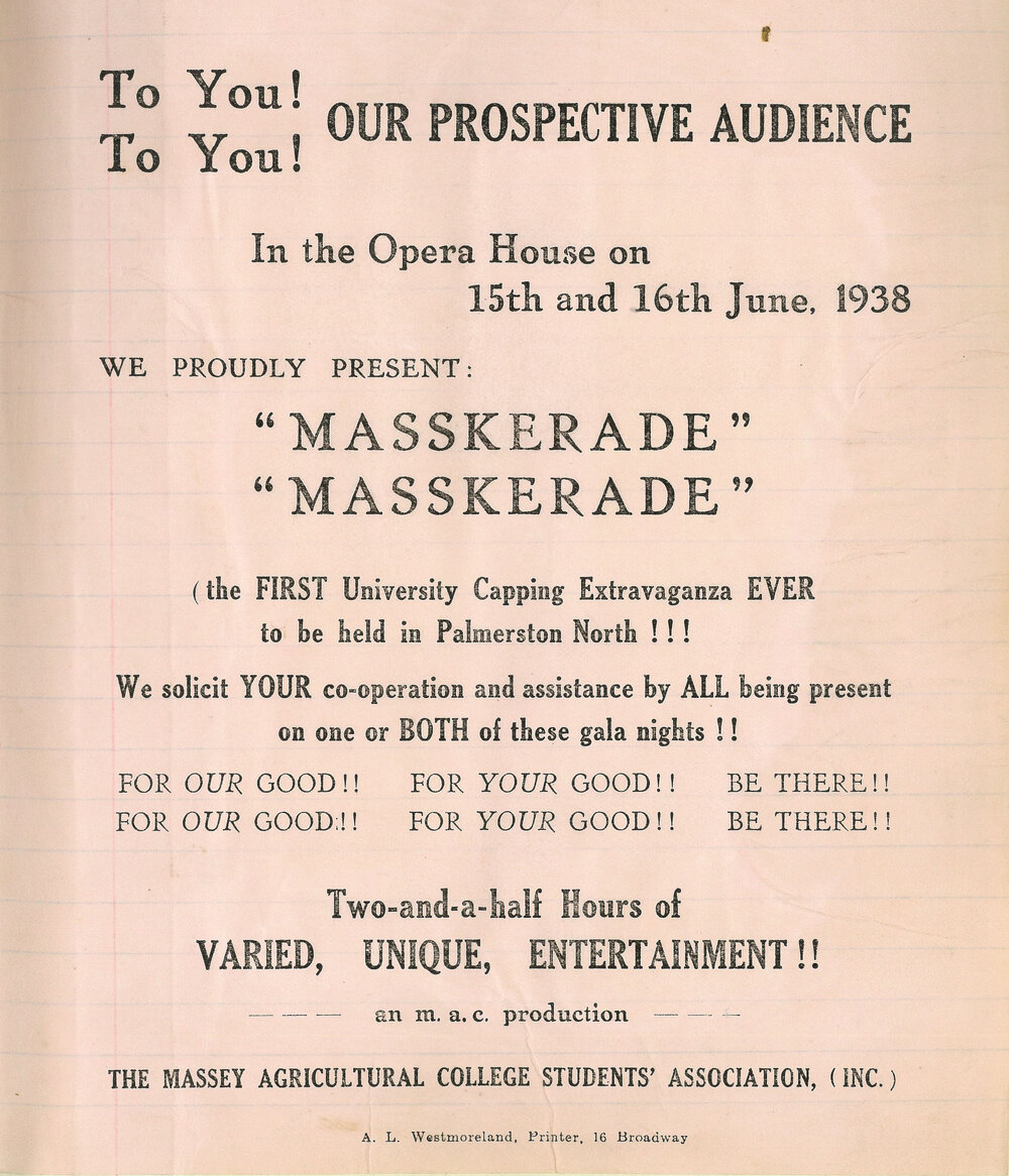 Massey Agricultural College Students&rsquo; Association. Masskerade revue poster, 1938