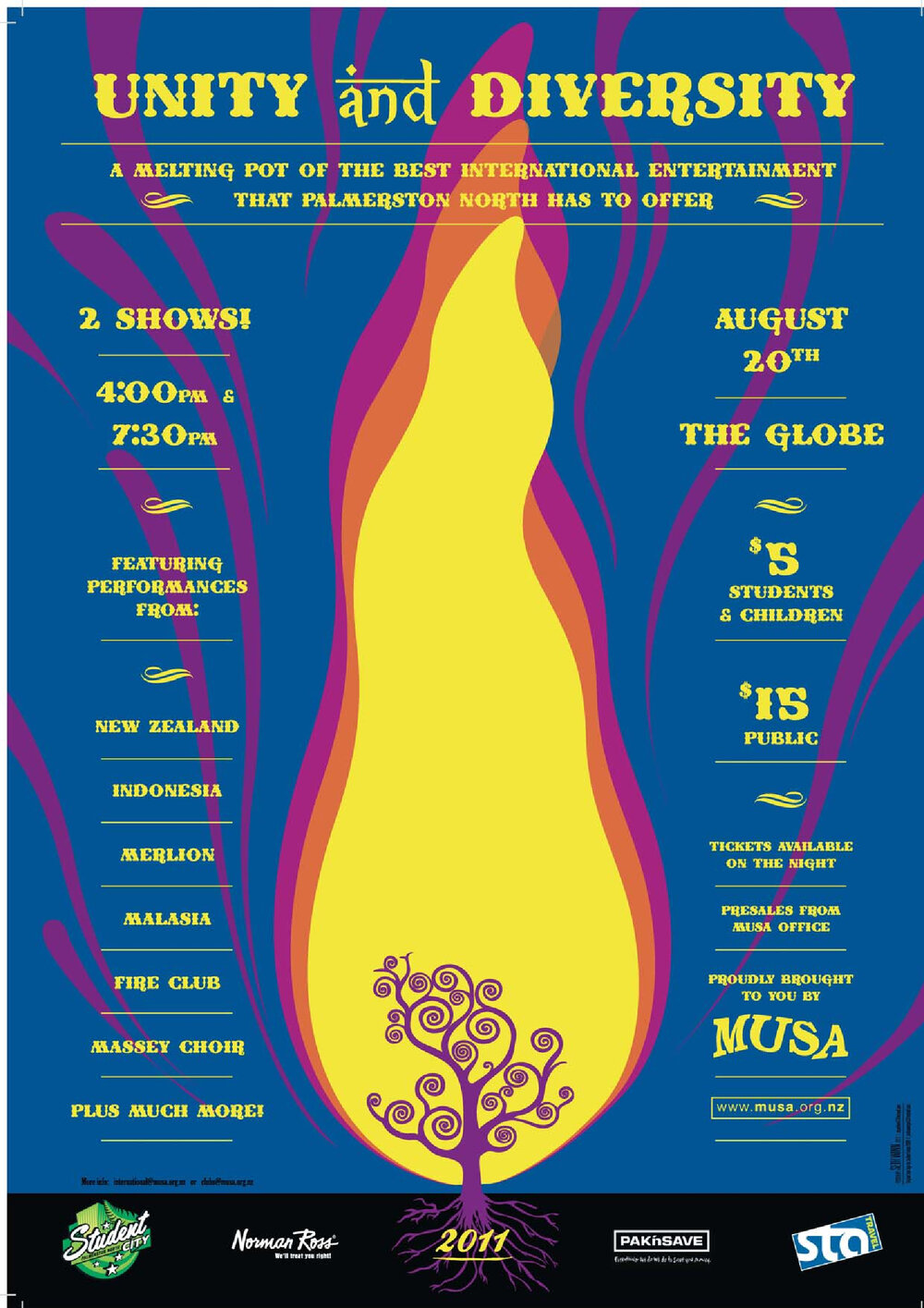 Massey University Students&rsquo; Association. Unity and Diversity concert programme leaflet, 20 August 2011
