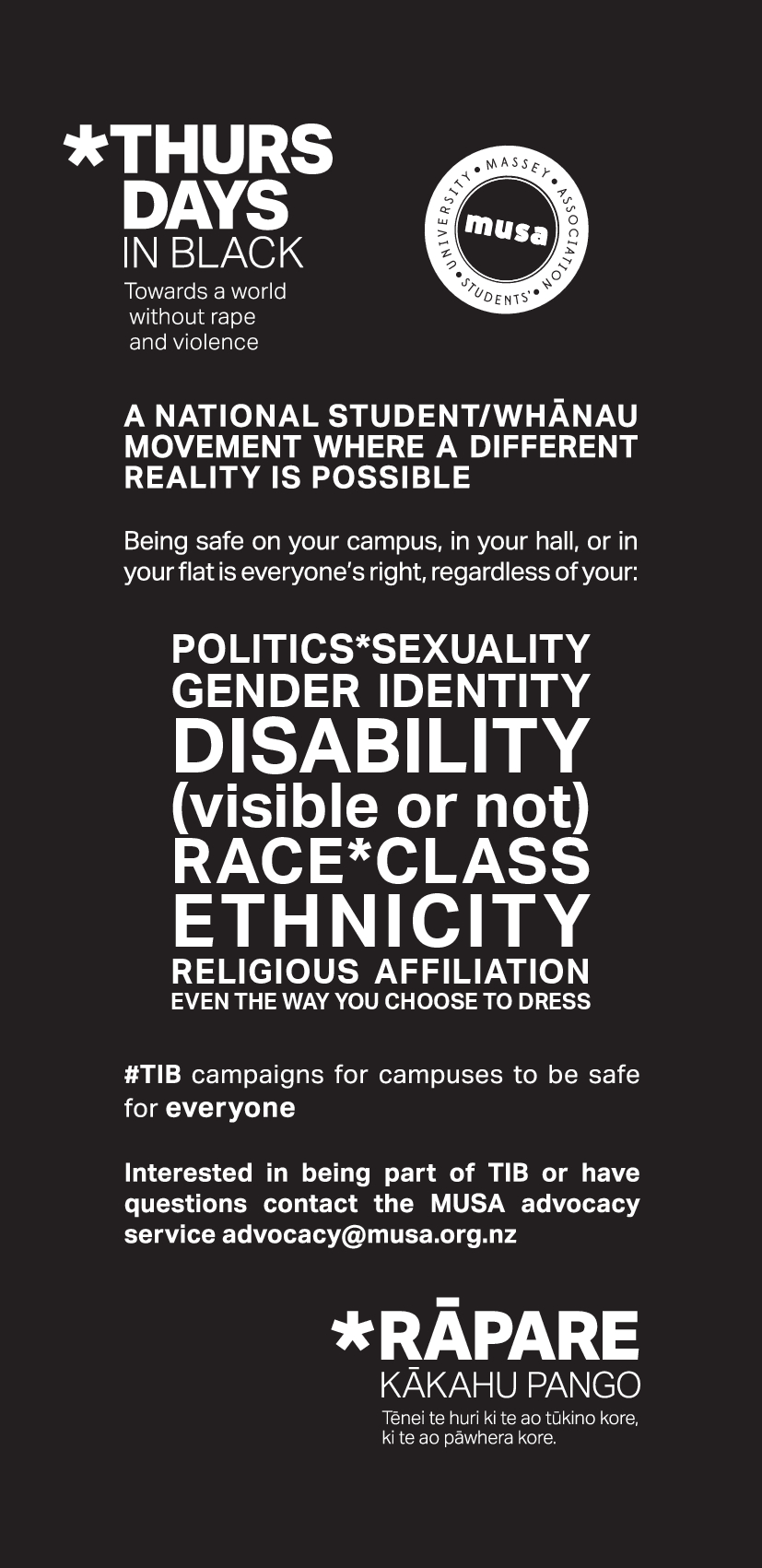 Massey University Students&rsquo; Association. Thursdays in Black programme leaflet, 2018