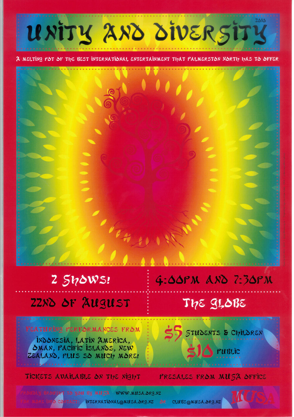 Massey University Students&rsquo; Association. Unity and Diversity concert programme leaflet, 22 August 2010