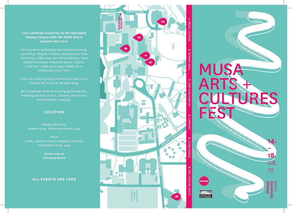 Massey University Students&rsquo; Association (MUSA). Arts and Cultures Fest programme leaflet, 14&ndash;18 August 2017