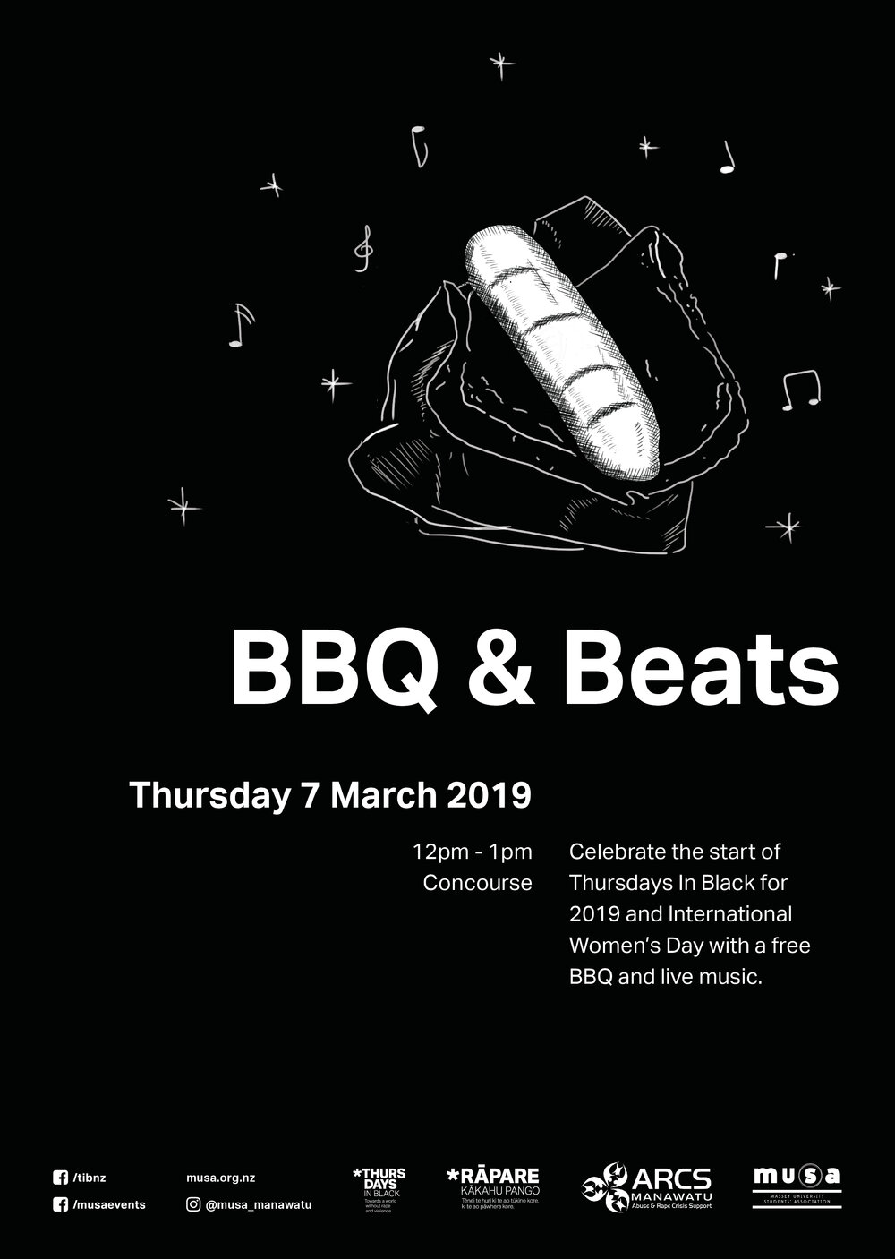 Massey University Students&rsquo; Association. Thursdays in Black BBQ and Beats poster, 7 March 2019