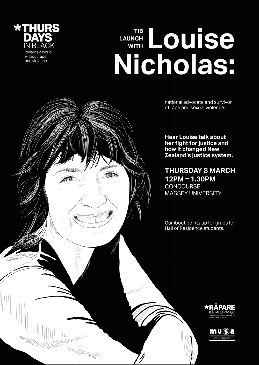 Massey University Students&rsquo; Association. Thursdays in Black launch with Louise Nicholas poster, 8 March 2018
