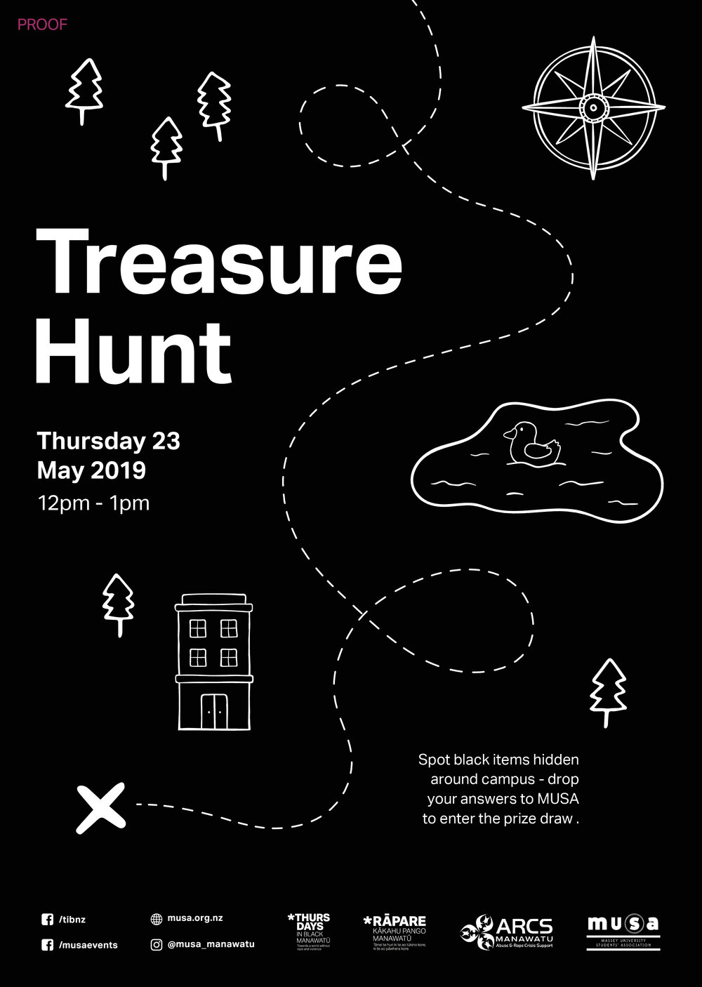 Massey University Students&rsquo; Association. Thursdays in Black treasure hunt poster, 23 May 2019