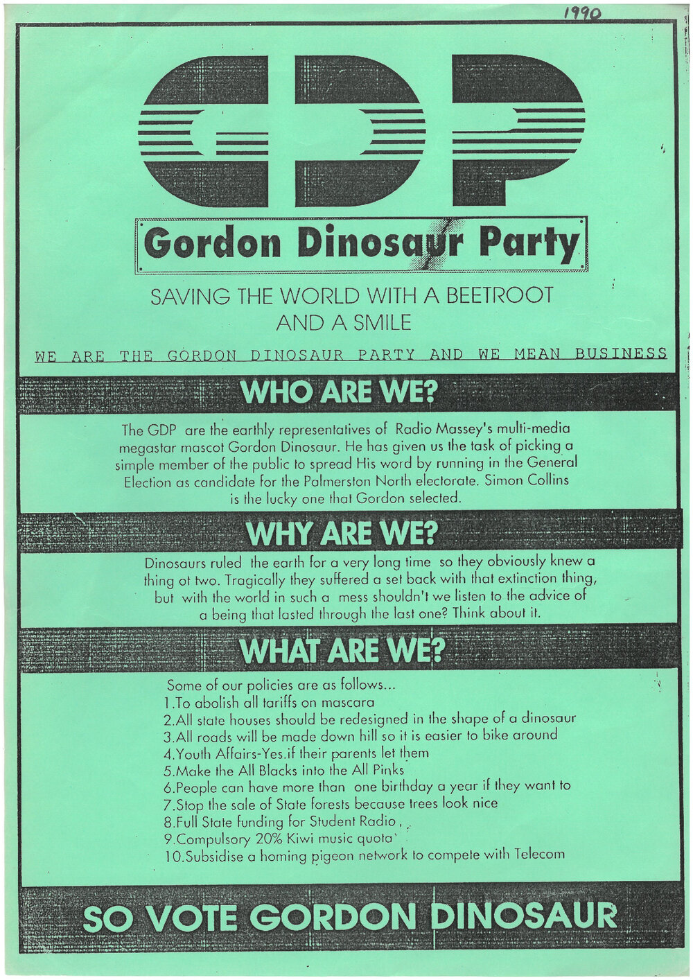 Gordon Dinosaur Party. Promotional flyer, 1990