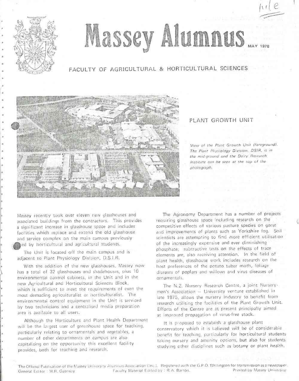 Massey Alumnus - Faculty of Agricultural and Horticultural Science, May 1978