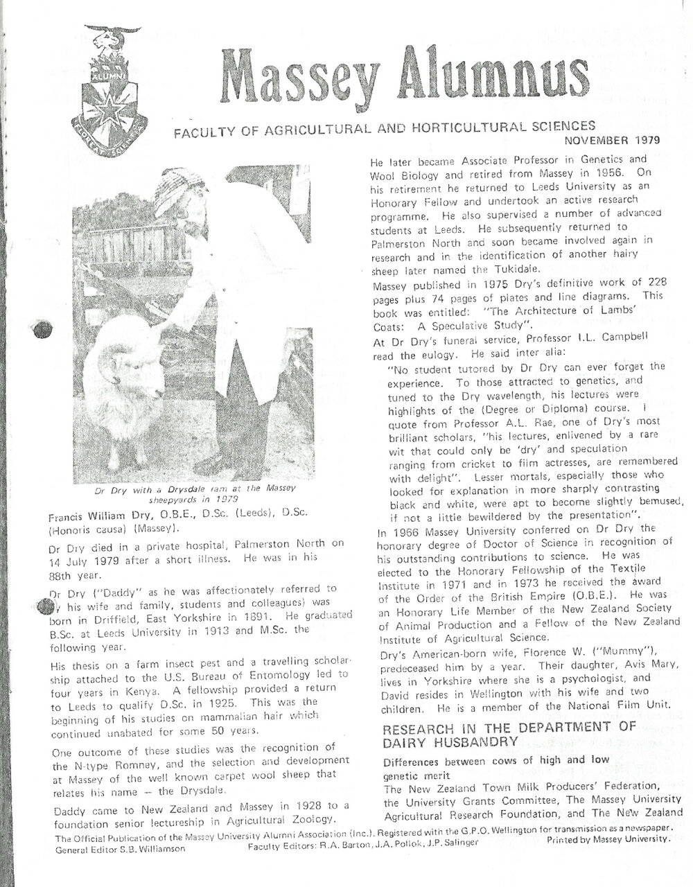 Massey Alumnus - Faculty of Agricultural and Horticultural Science, November 1979