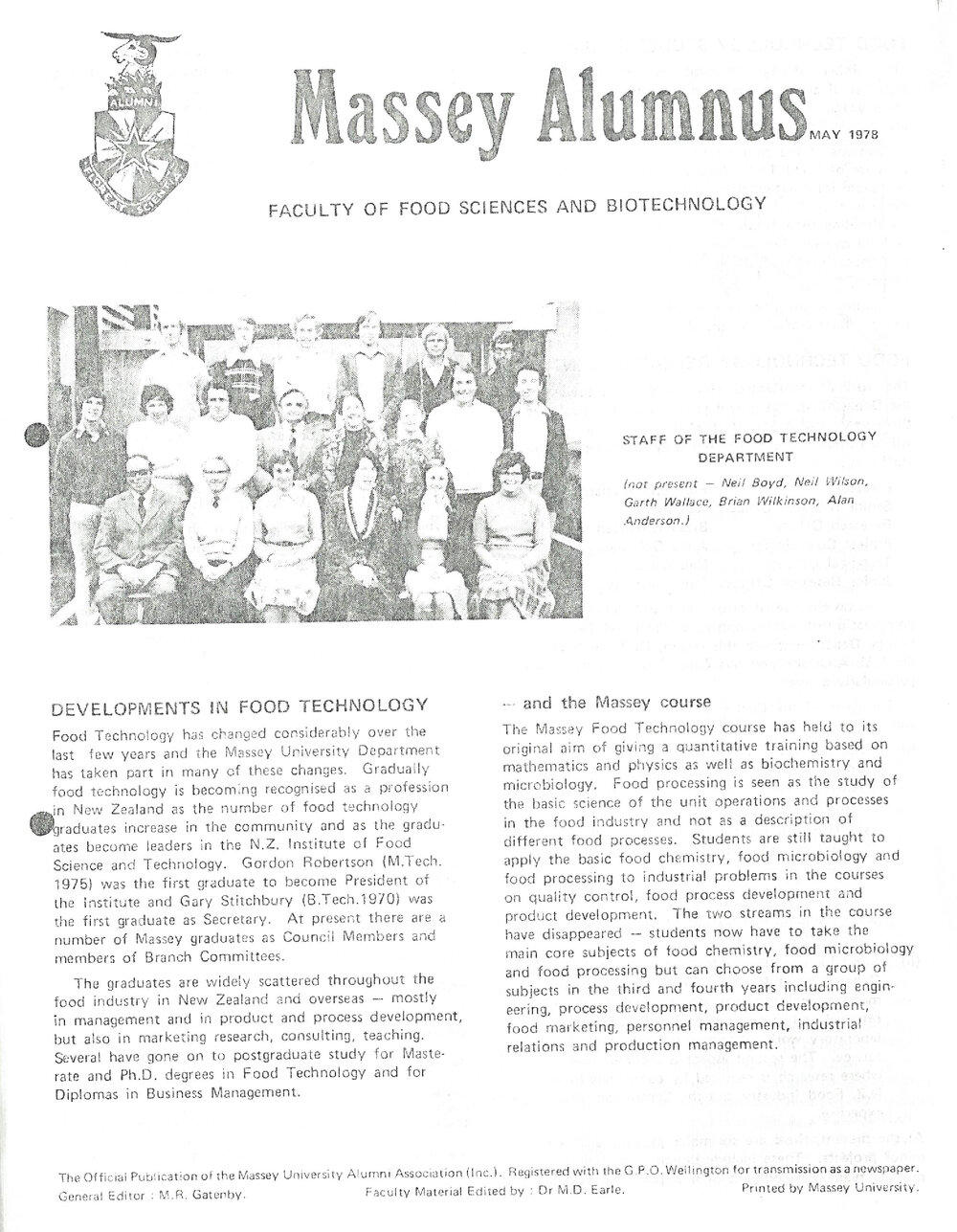 Massey Alumnus - Faculty of Food Science and Biotechnology, May 1978