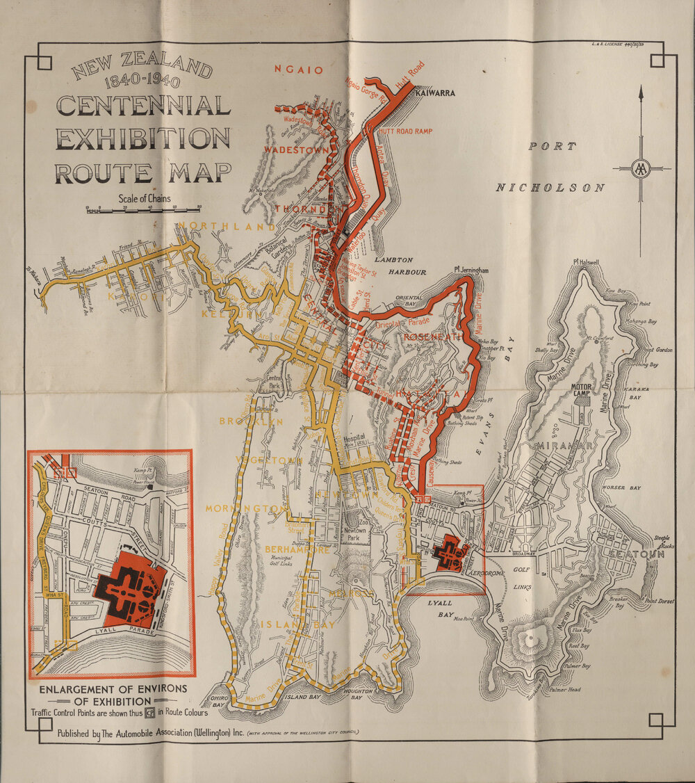New Zealand 1840-1940 Centennial Exhibition route map and parking plan