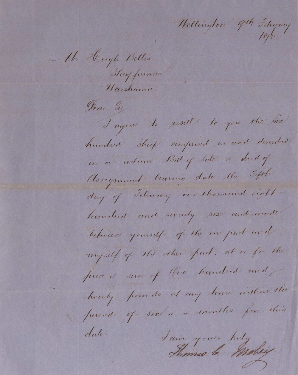Letter from Thomas C. Mabey to Hugh Bellis, 1876