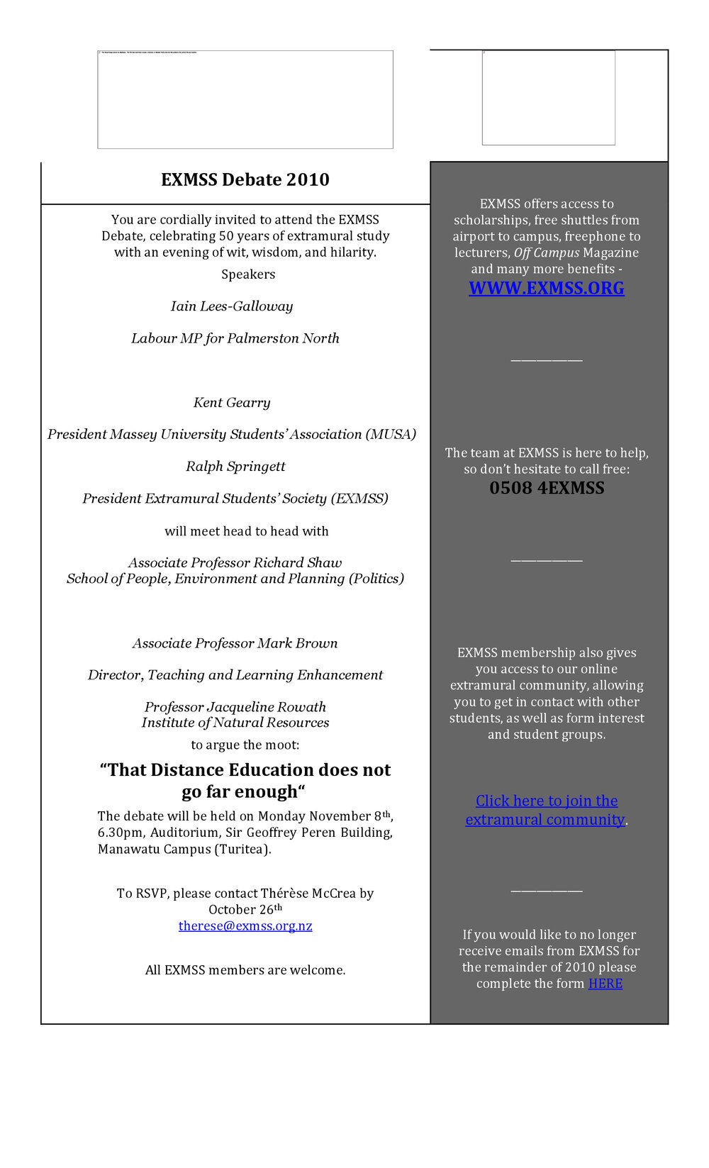 Extramural Students' Society. EXMSS Debate invitation, 8 November 2010