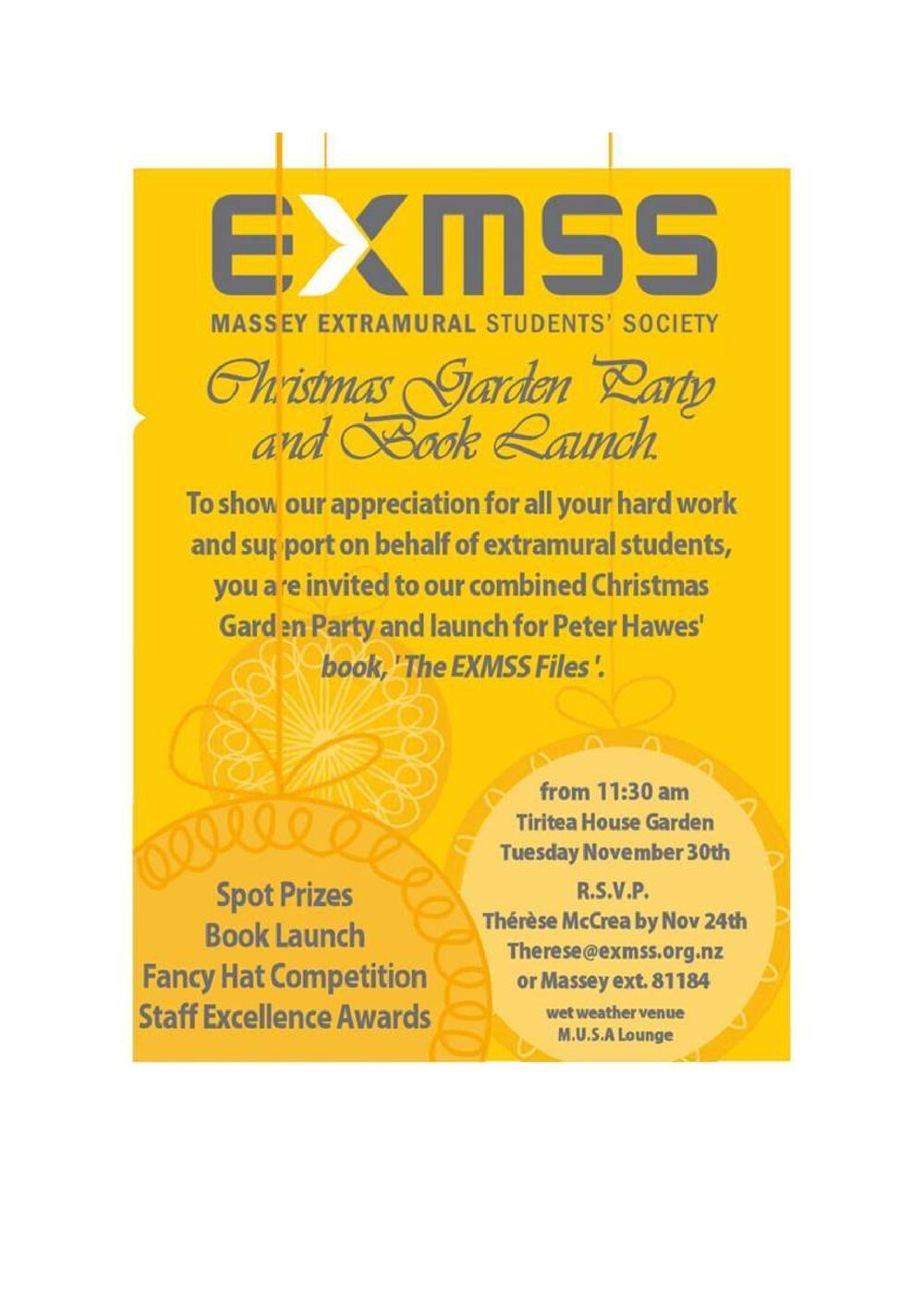 Extramural Students' Society. Christmas Garden Party and Peter Hawes book launch invitation, 30 November 2010