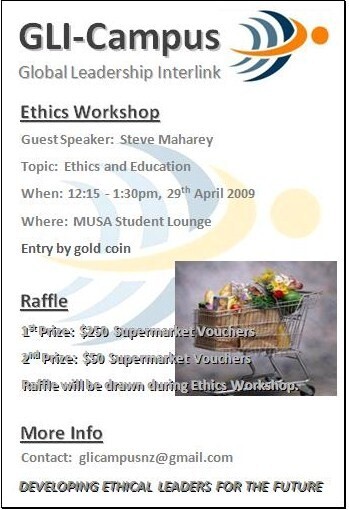 Global Leadership Interlink. Ethics workshop poster, 29 April 2009