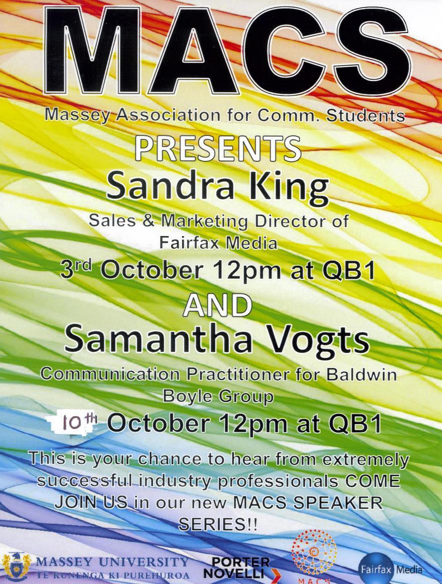 Massey Association for Communication Students. Speaker Series poster, October 2012