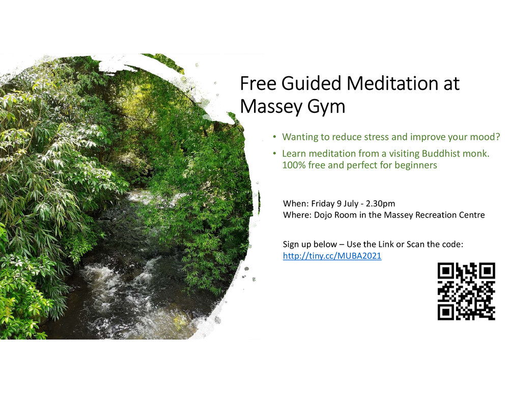 Massey University Buddhist Association. Guided meditation for beginners poster, 9 July 2021