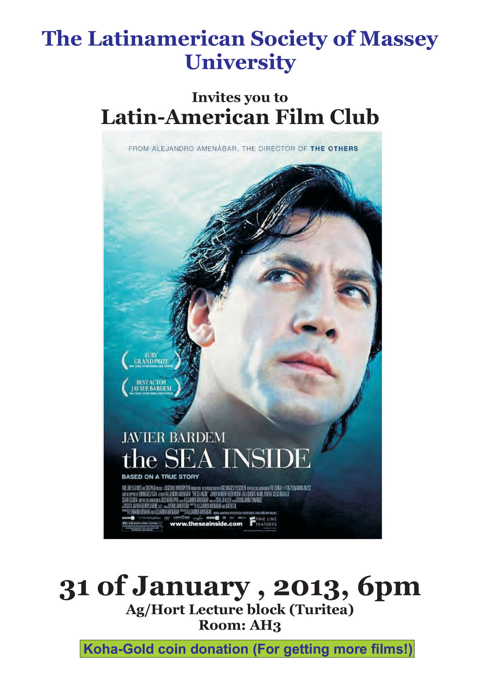 Latin American Society of Massey University. Latin American Film Club: Mar adentro screening poster, 31 January 2013
