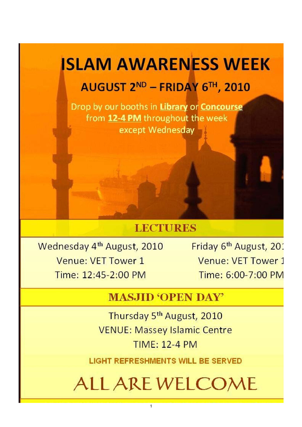 Massey Muslim Society. Islam Awareness Week leaflet, 2&ndash;6 August 2010