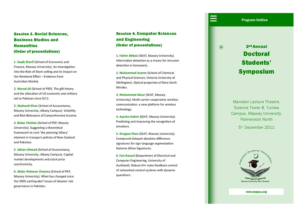 Pakistan Students&rsquo; Association. Doctoral Students&rsquo; Symposium programme leaflet, 5 December 2011