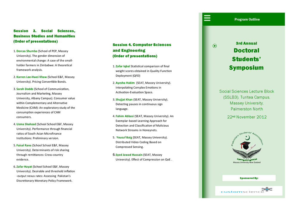 Pakistan Students&rsquo; Association. Doctoral Students&rsquo; Symposium programme leaflet, 22 November 2012