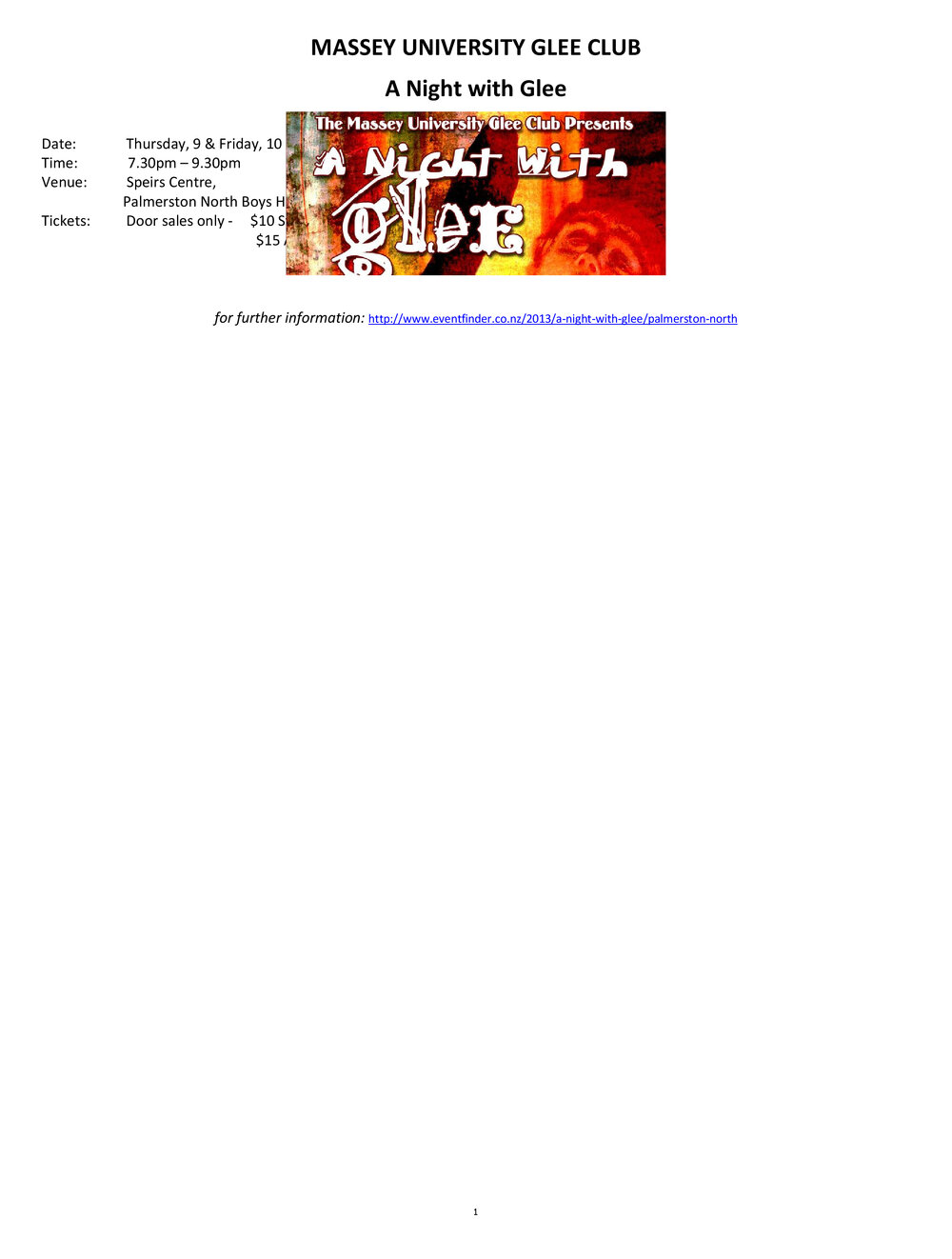 Massey University Glee Club. A Night with Glee invitation leaflet, 2013