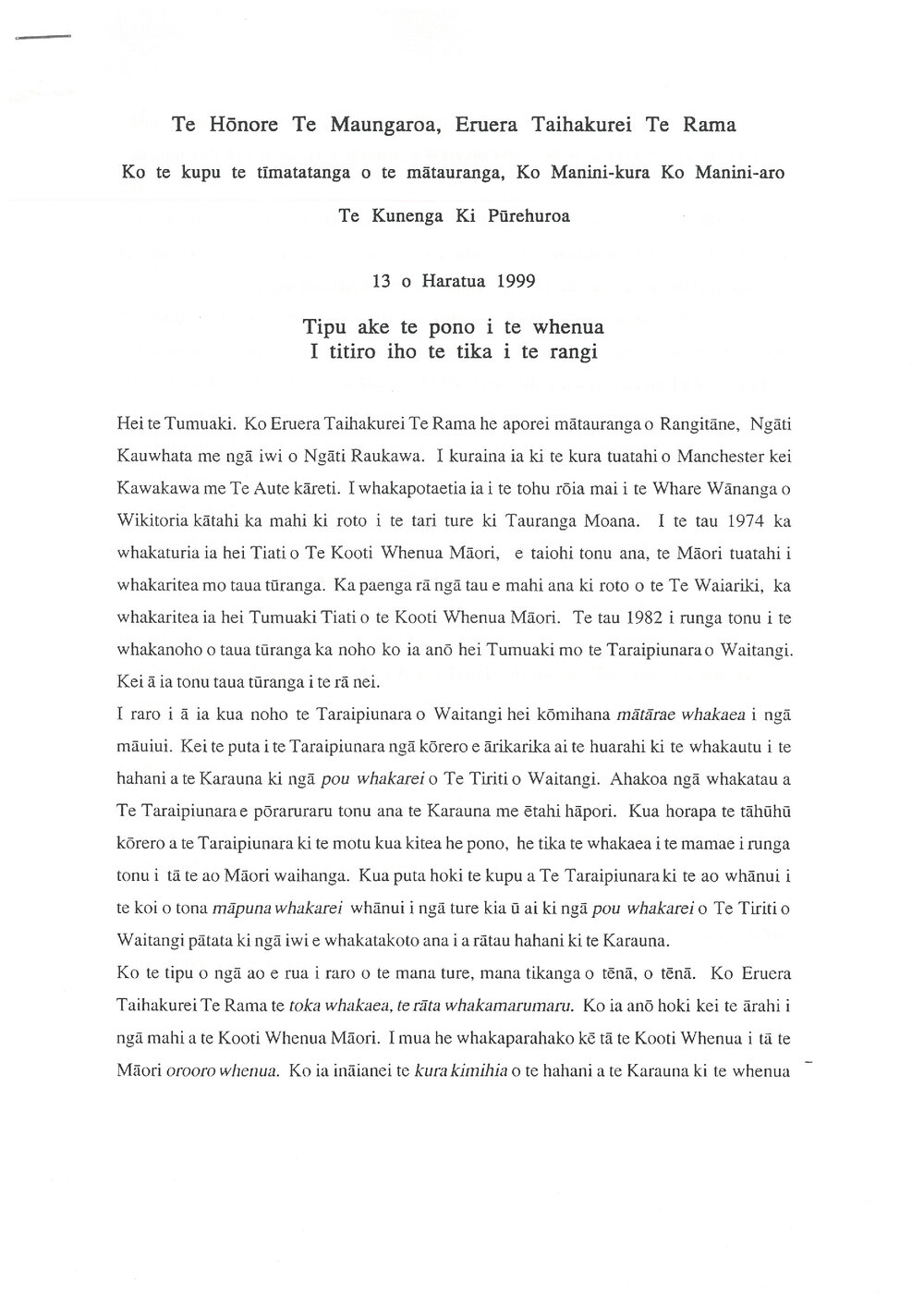 Honorary doctorate citation, Mr. Justice Edward Durie (Maori translation), 1999