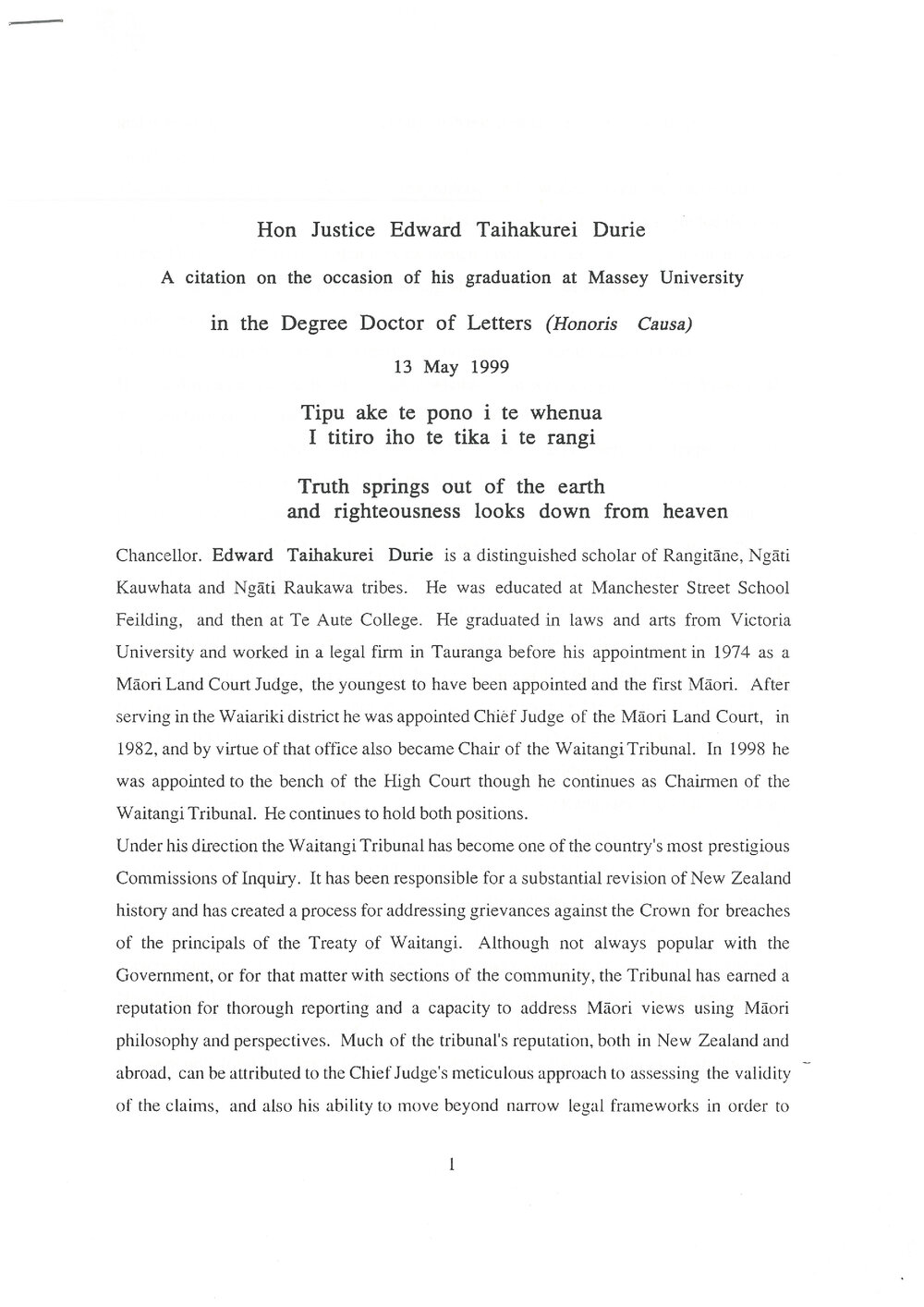 Honorary doctorate citation, Mr. Justice Edward Durie (English translation), 1999