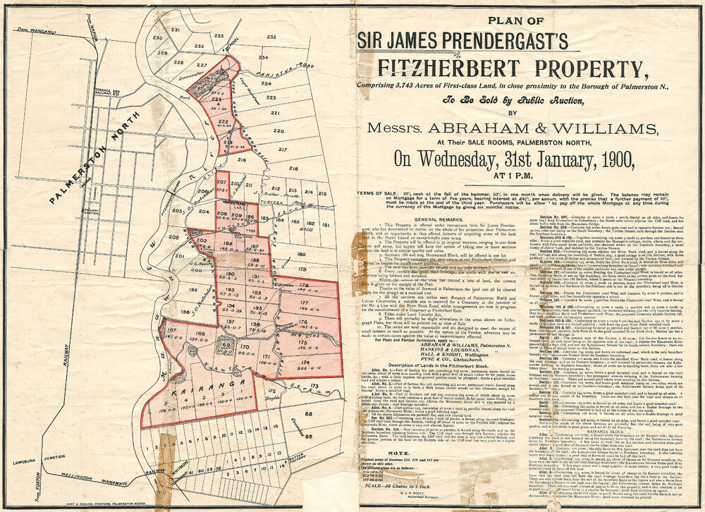 Abraham &amp; Williams. Plan of Sir James Prendergast's Fitzherbert property for public auction, 31 January 1900