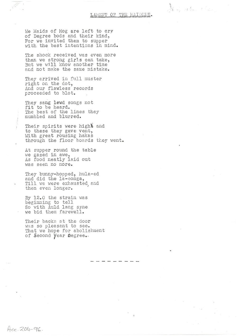 Poem: Lament of the maidens - written following dinner with second year degree students at Moginie House, September 1957