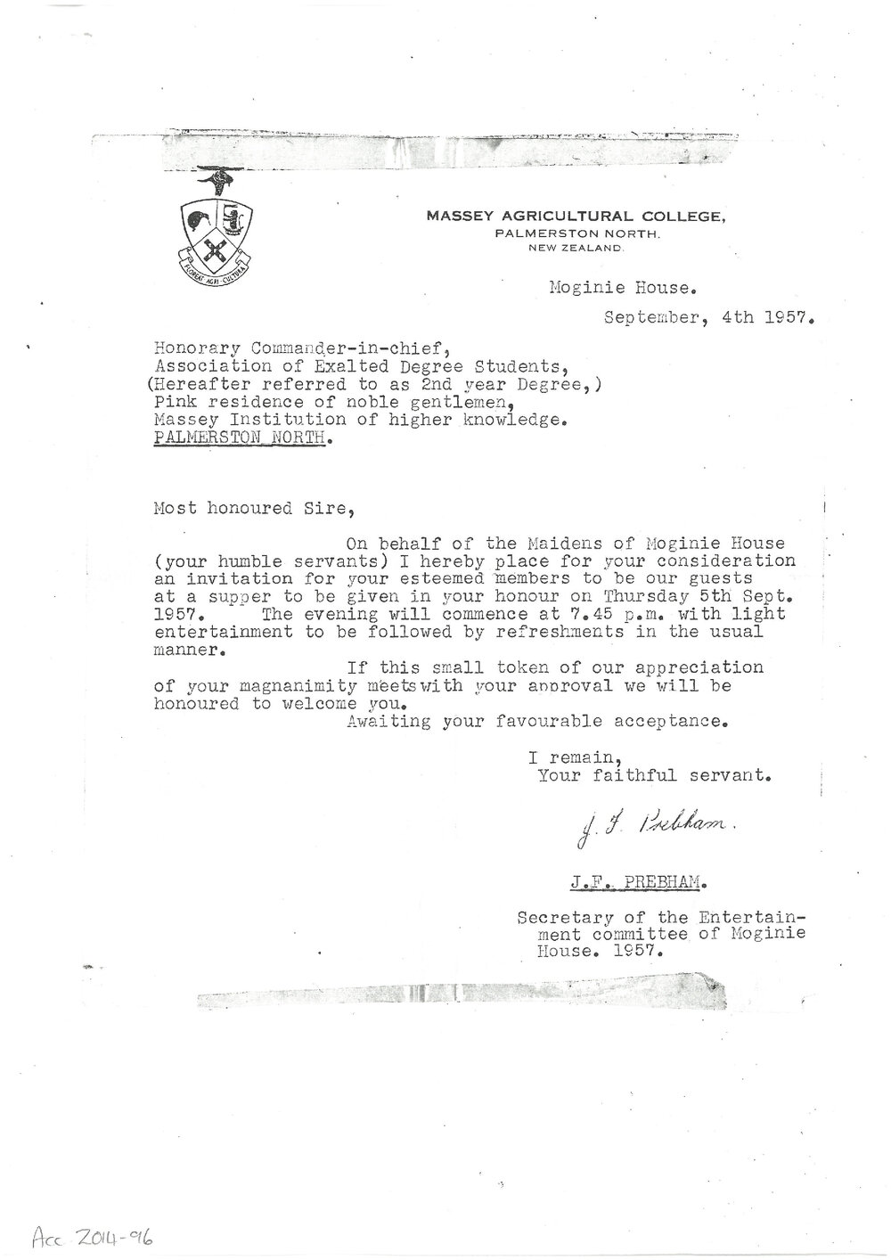 Letter of invitation sent to second year degree students, inviting them to dinner at Moginie House, September 1957