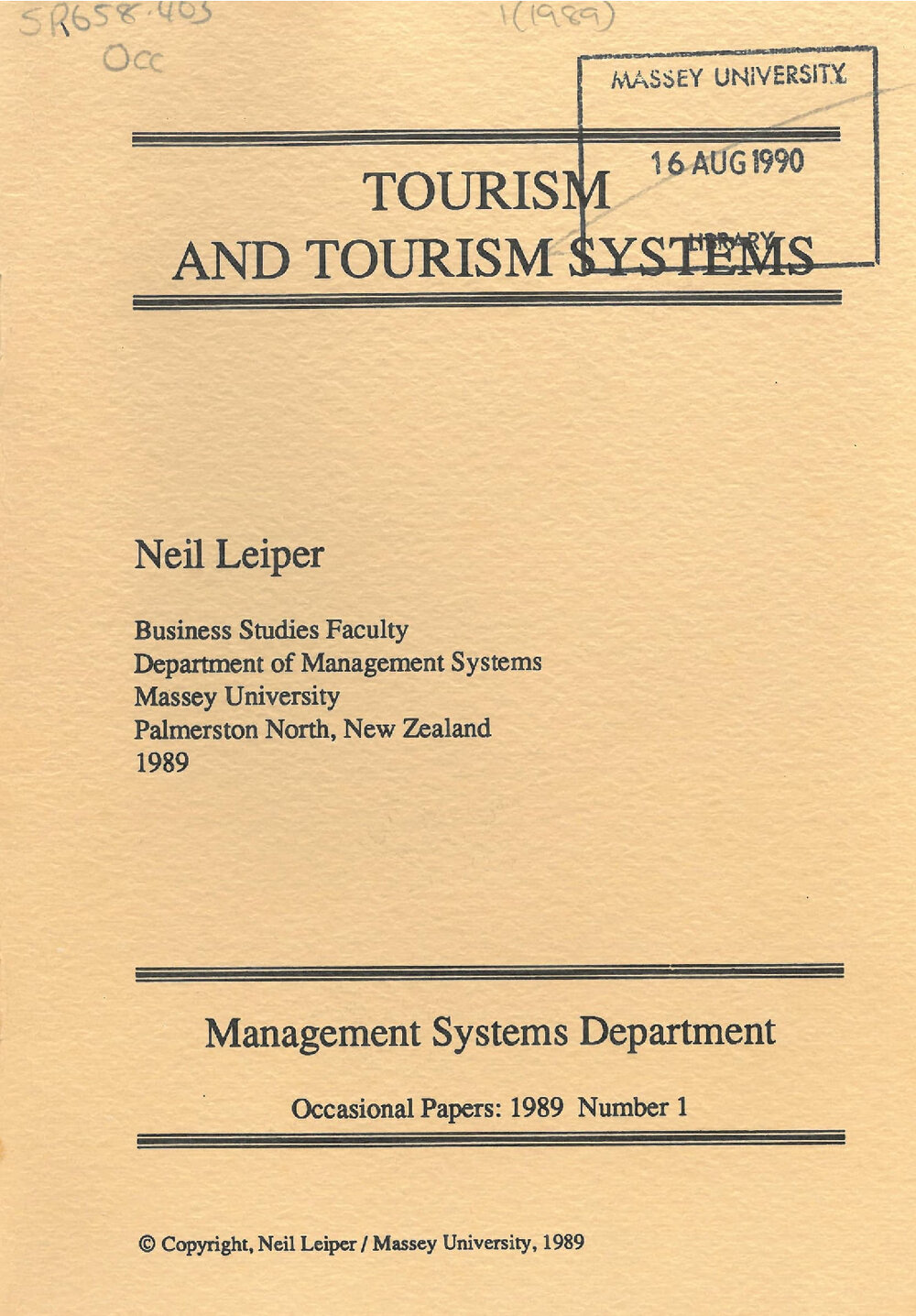 Tourism and tourism systems, 1989
