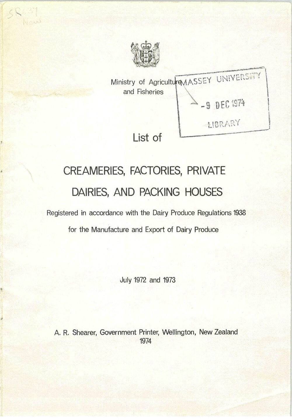 Annual List of Creameries, Factories, Private Dairies and Packing Houses, 1972-1973
