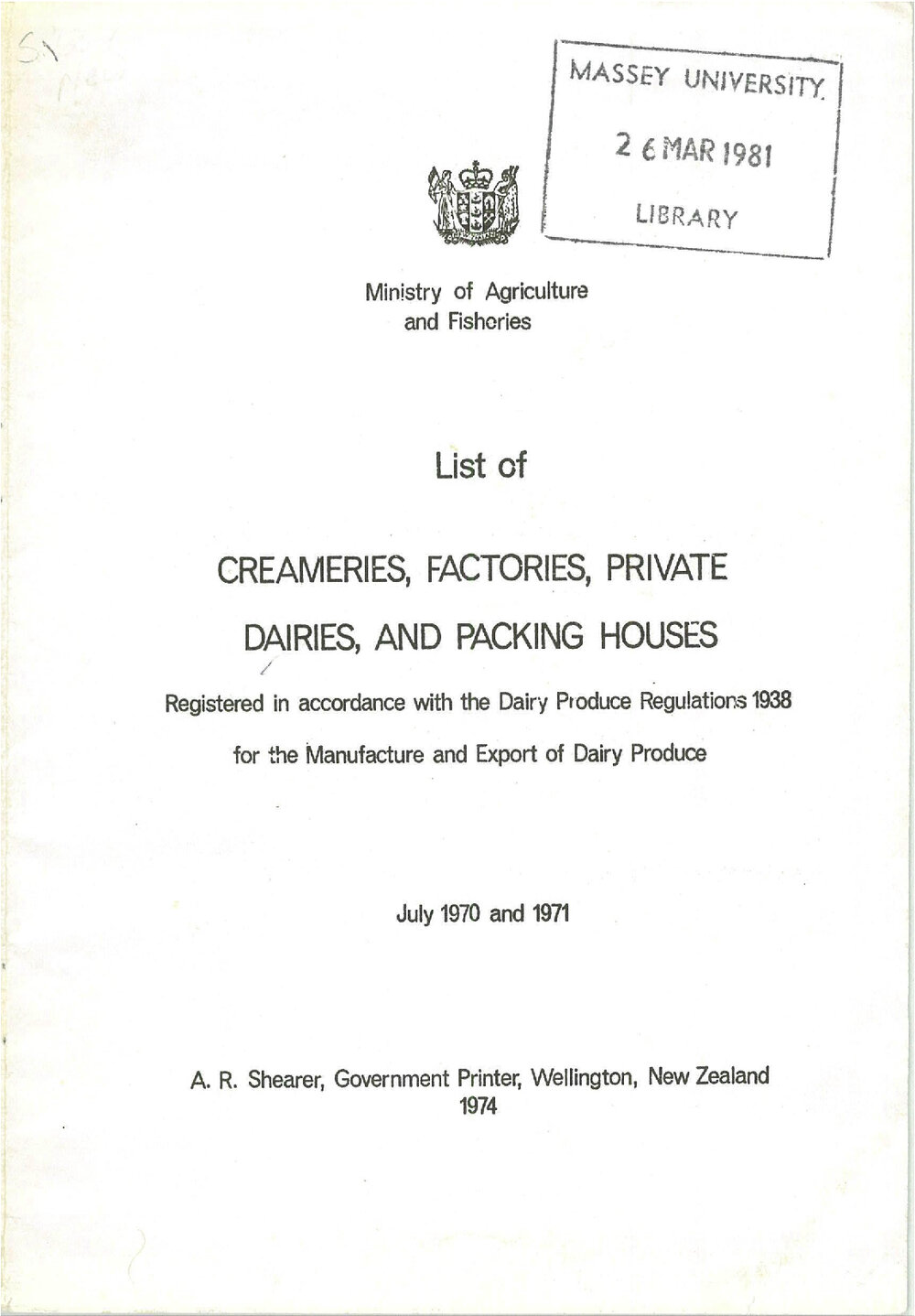Annual List of Creameries, Factories, Private Dairies and Packing Houses, 1970-1971
