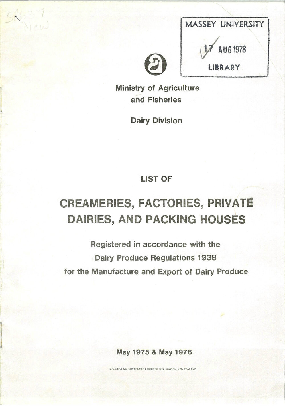Annual List of Creameries, Factories, Private Dairies and Packing Houses, 1975-1976