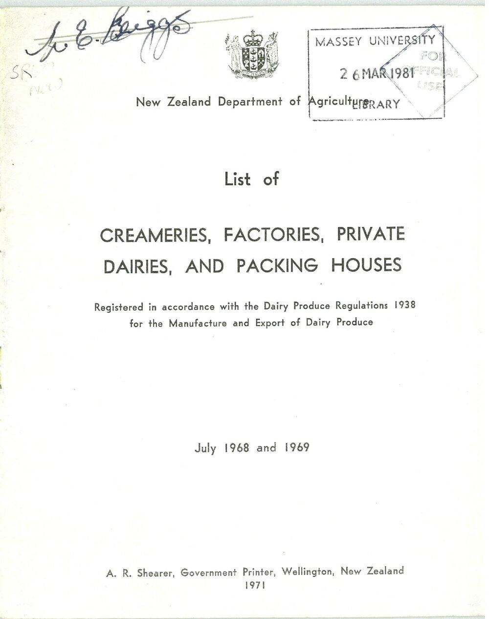 Annual List of Creameries, Factories, Private Dairies and Packing Houses, 1968-1969
