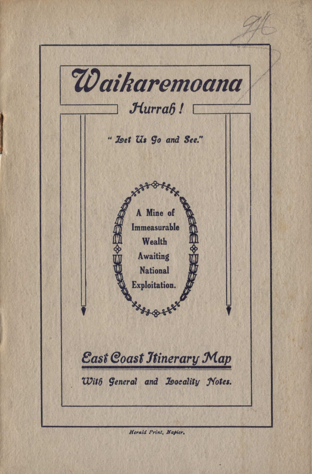 Waikaremoana hurrah!: let us go and see : a mine of immeasurable wealth awaiting national exploitation : East Coast itinerary map with general and locality notes