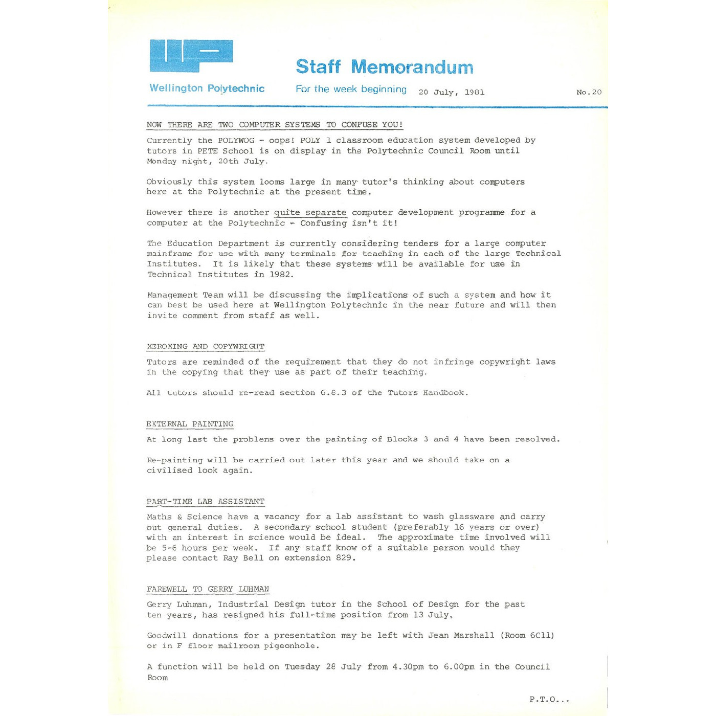 Wellington Polytechnic Staff Memorandum