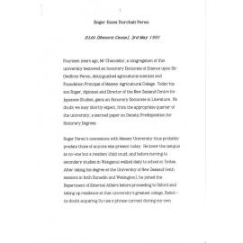 Honorary doctorate citation, Roger Essex Burchall Peren, 1991