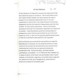 Honorary doctorate citation, Sir Roy McKenzie, 1992